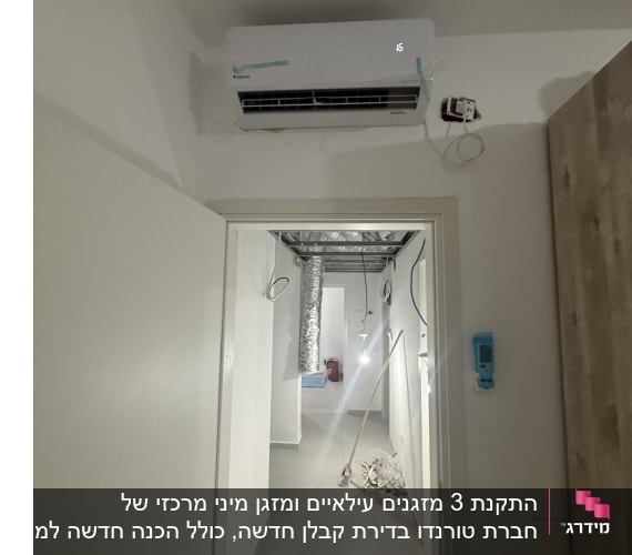 מזגן מותקן על קיר במסדרון עם צינורות חשופים